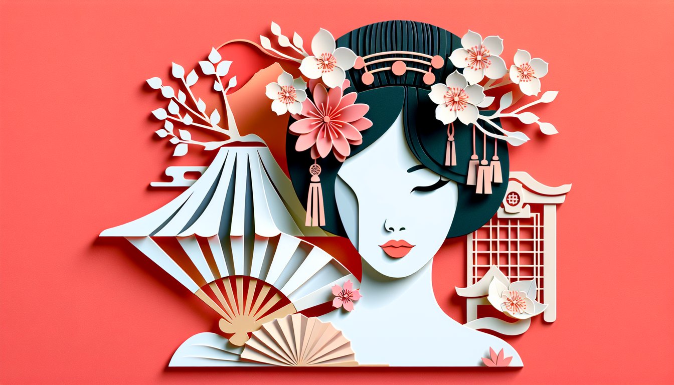 Paper art illustration for Japanese beauty standards quiz on coral background