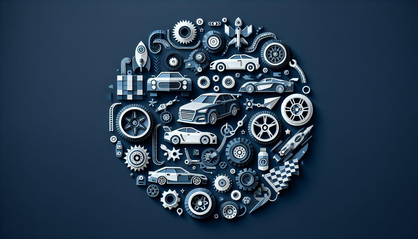 Colorful paper art featuring car and trophy symbols for an Automotive Event Trivia Quiz.