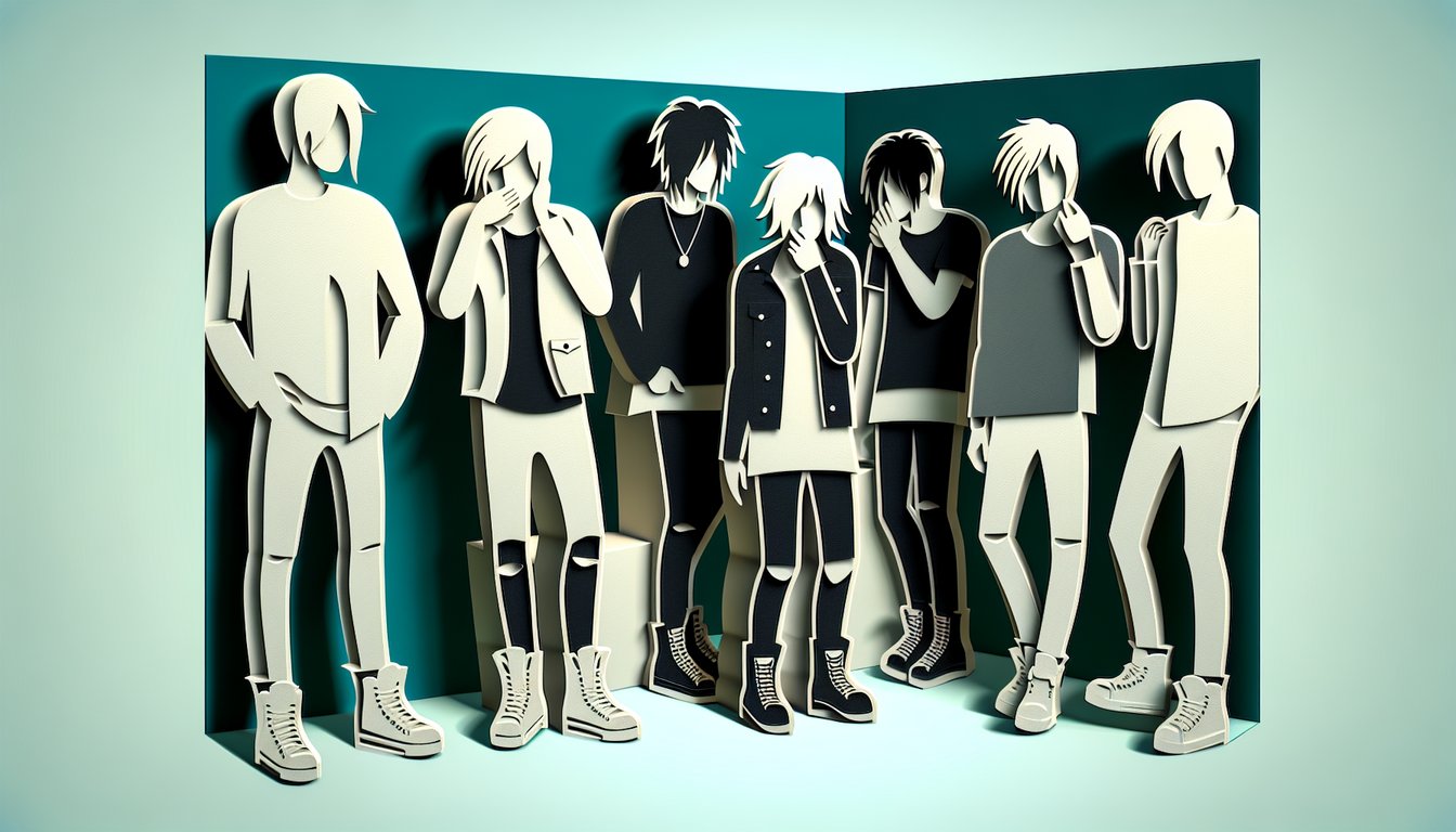 Paper art illustration of cute emo men on teal background for free quiz to reveal your emo match.