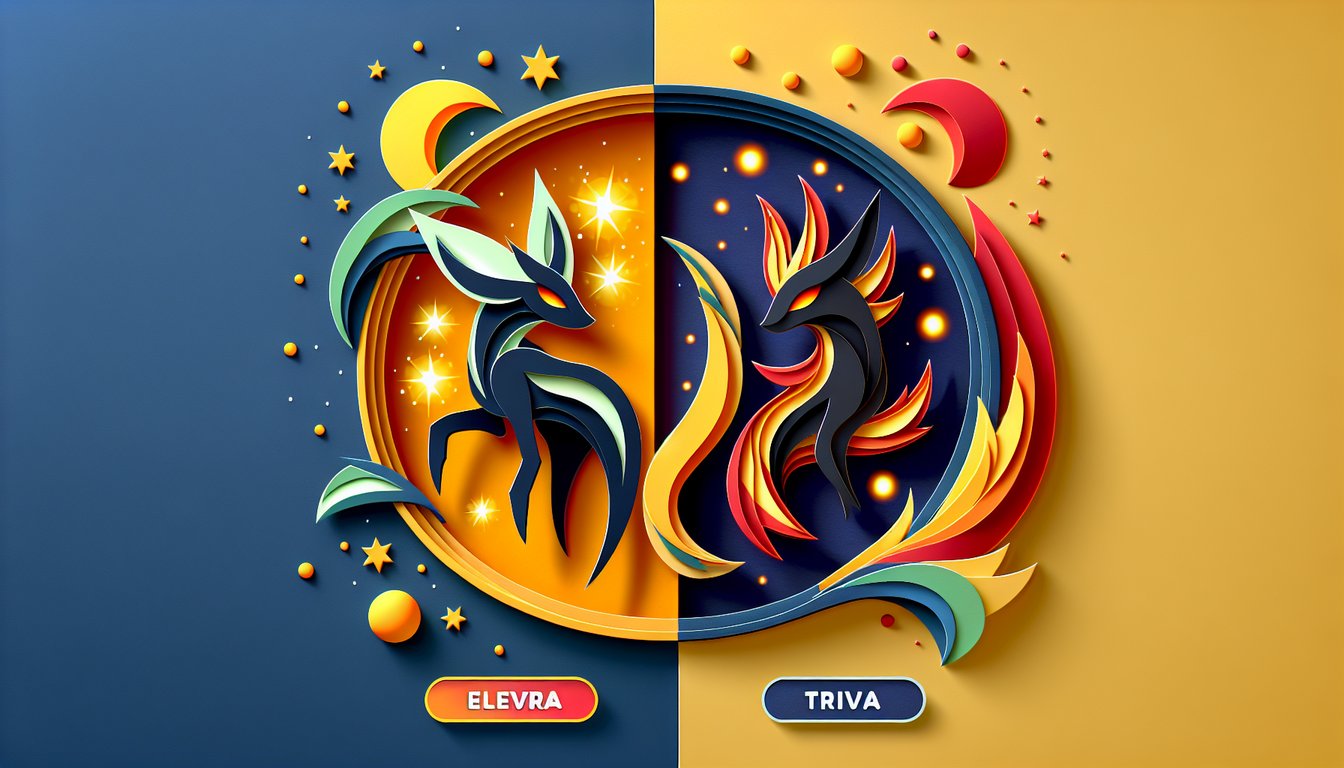 Paper art illustration of Eevee evolutions Jolteon Vaporeon Flareon Espeon Umbreon on golden yellow background for quiz