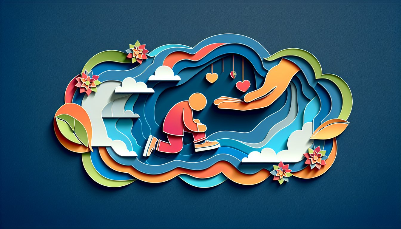 Paper art illustration promoting a humility test on a dark blue background
