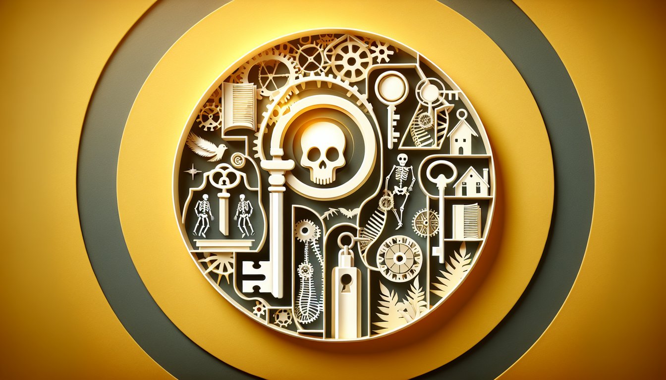 Paper art illustration for Three Skeleton Key short story quiz on a golden yellow background