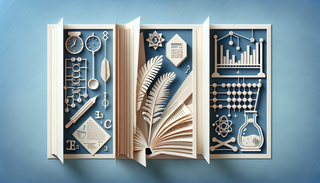 Paper art style quiz header with 9th grade trivia theme featuring English, science, and math symbols on sky blue background