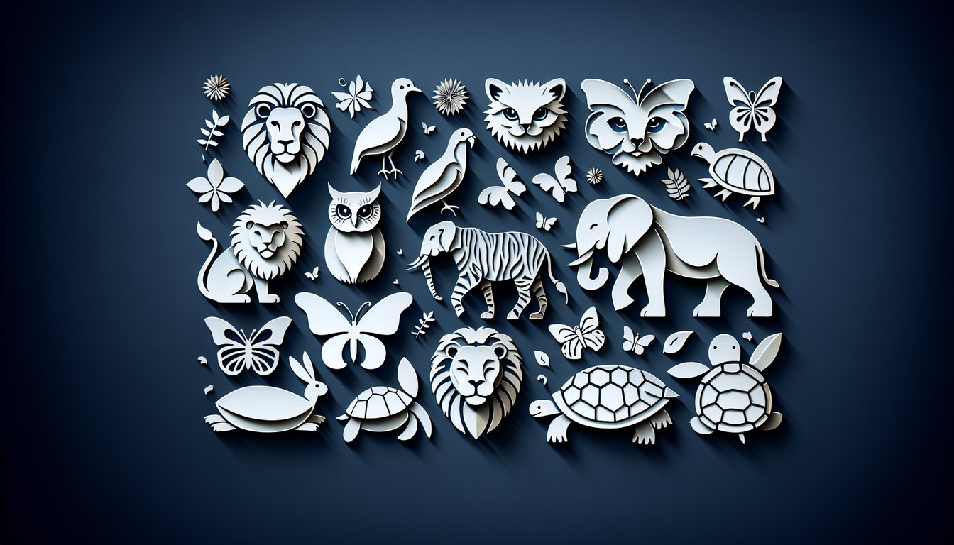Paper art illustration for a personality quiz to find your animal lookalike on a dark blue background