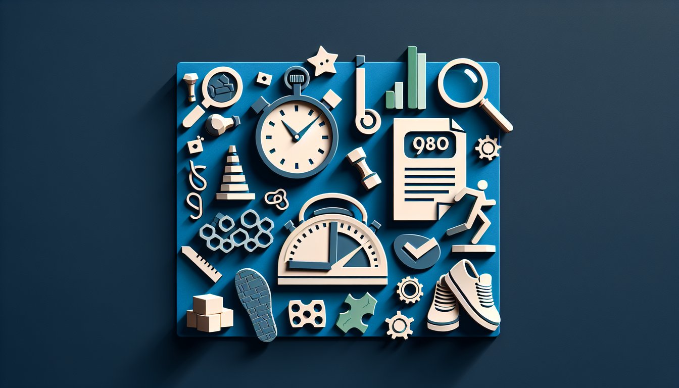 paper art illustration of desk scene with laptop notebook coffee puzzle pieces charts and icons on dark blue background