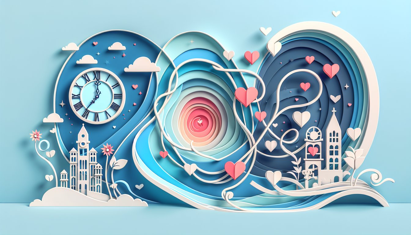paper art heart and calendar icons set on sky blue background for when will i fall in love quiz