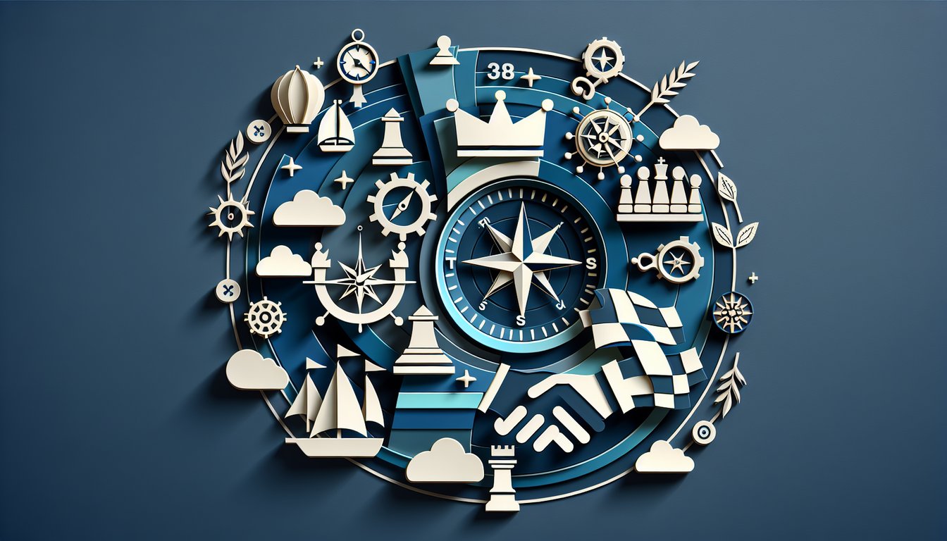 paper art illustration showing leadership symbols and historic figures for free leader style quiz on dark blue background