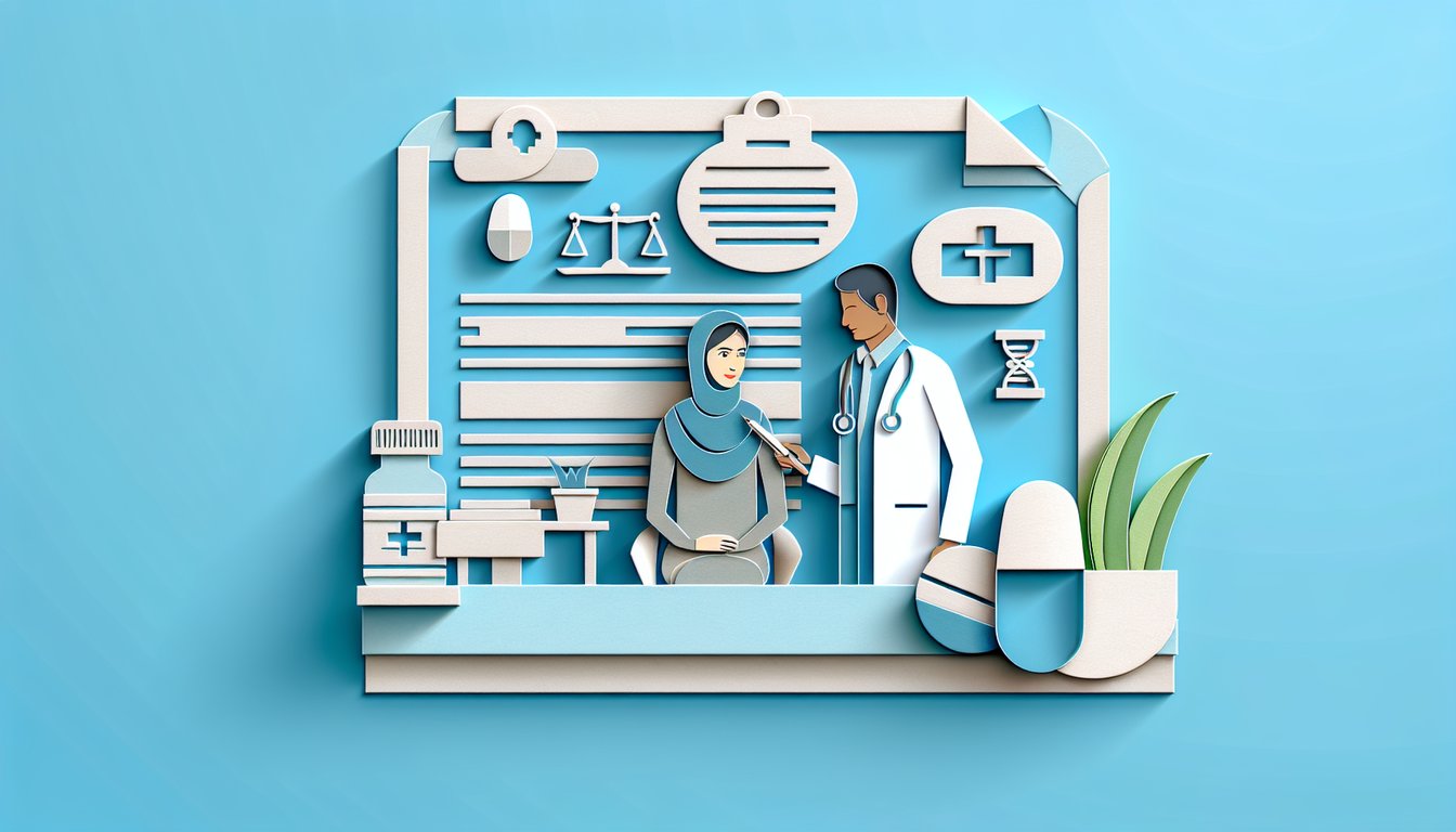 Paper art illustration of consent document pen test tubes and scales on sky blue background for informed consent quiz