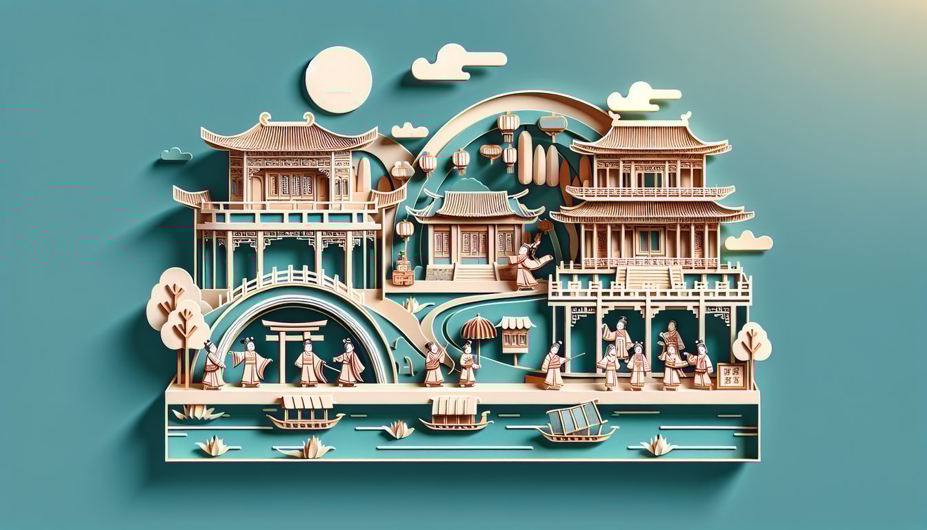 Layered paper art of Yellow River winding through cut paper hills on teal background for Ancient China quiz.
