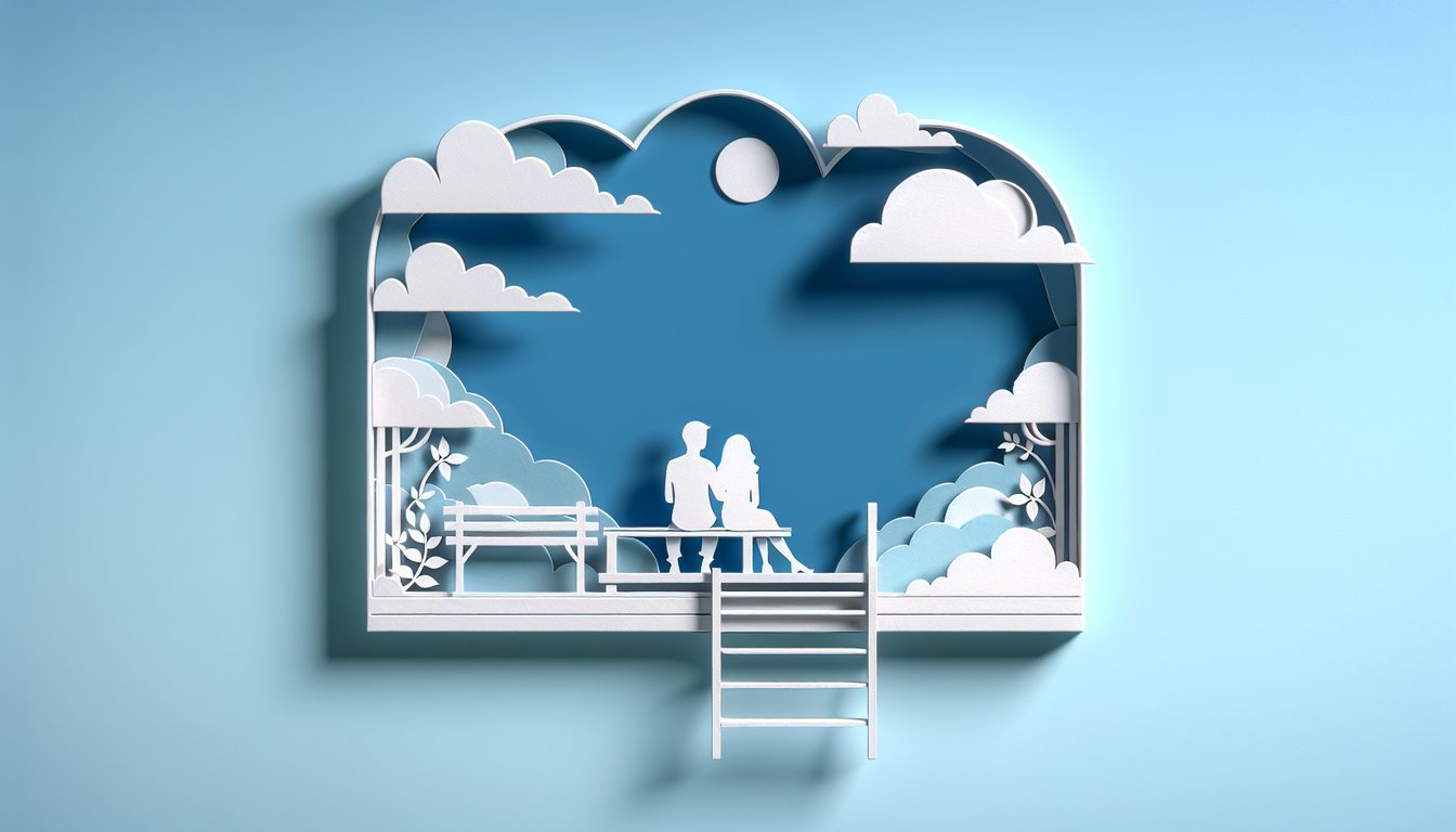 Paper art illustration for quiz about discovering if love is fading or overthinking on sky blue background