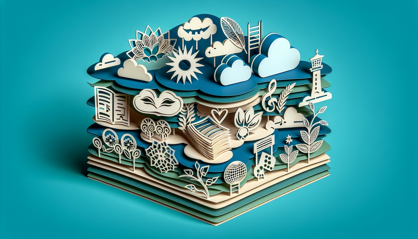 Paper art illustration featuring book pages and test icons symbolizing parody satire genre vocab quiz on teal background