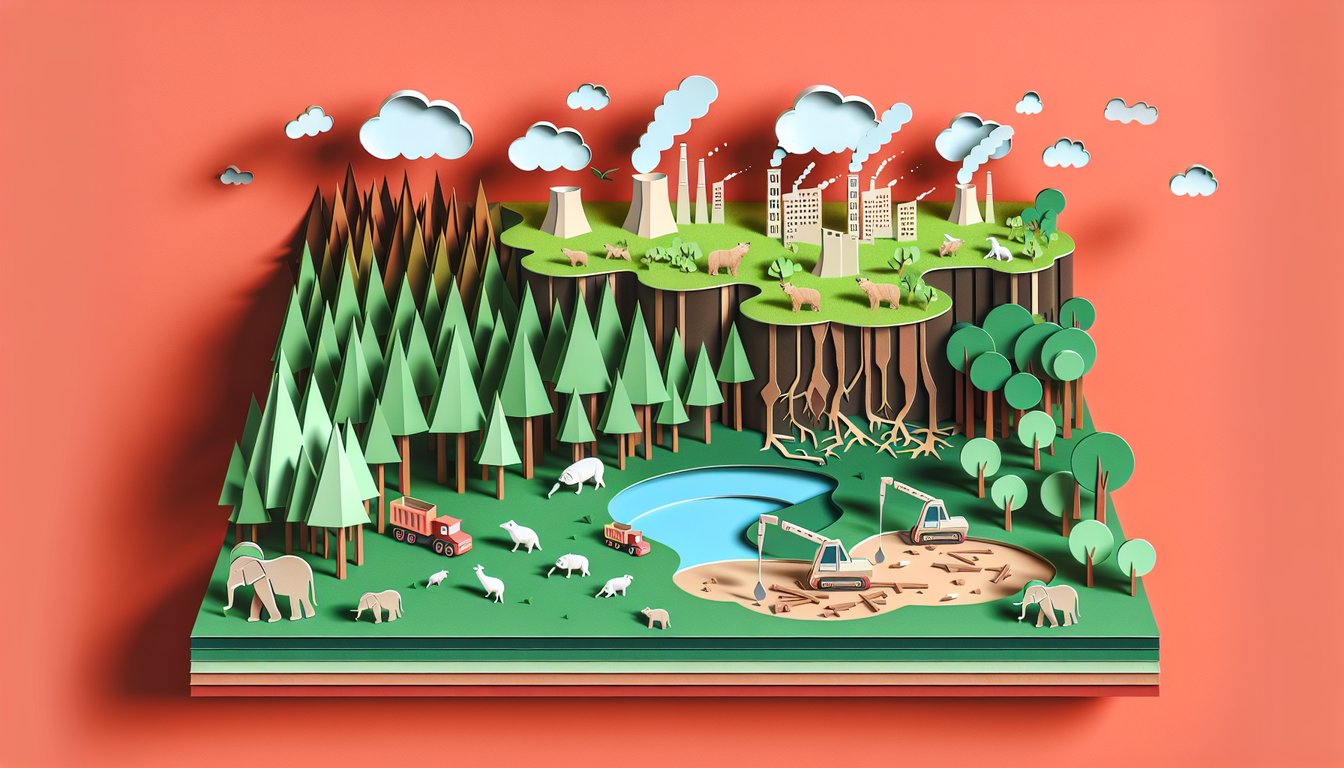 Paper art cutout trees deforestation quiz banner on coral background