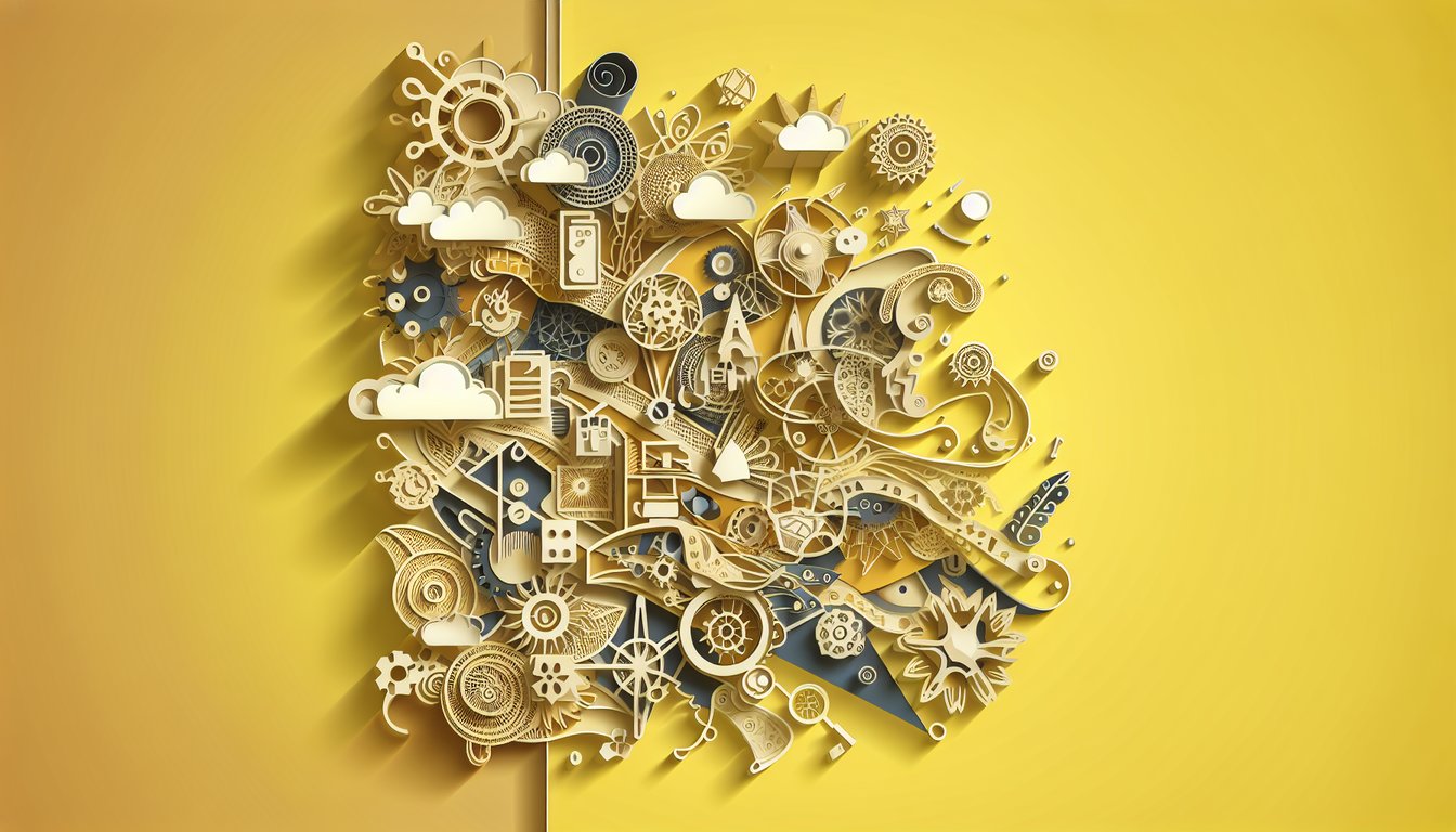 Paper art illustration for a creativity quiz on a golden yellow background