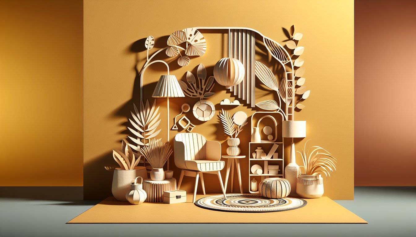 Paper art illustration for decor style quiz on a golden yellow background.