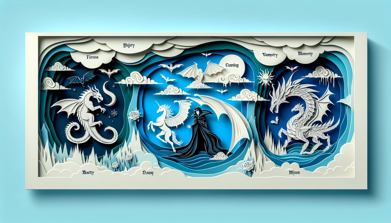 Paper art fierce dragon head, vampire fangs, unicorn horn icons on sky blue background for inner creature personality quiz