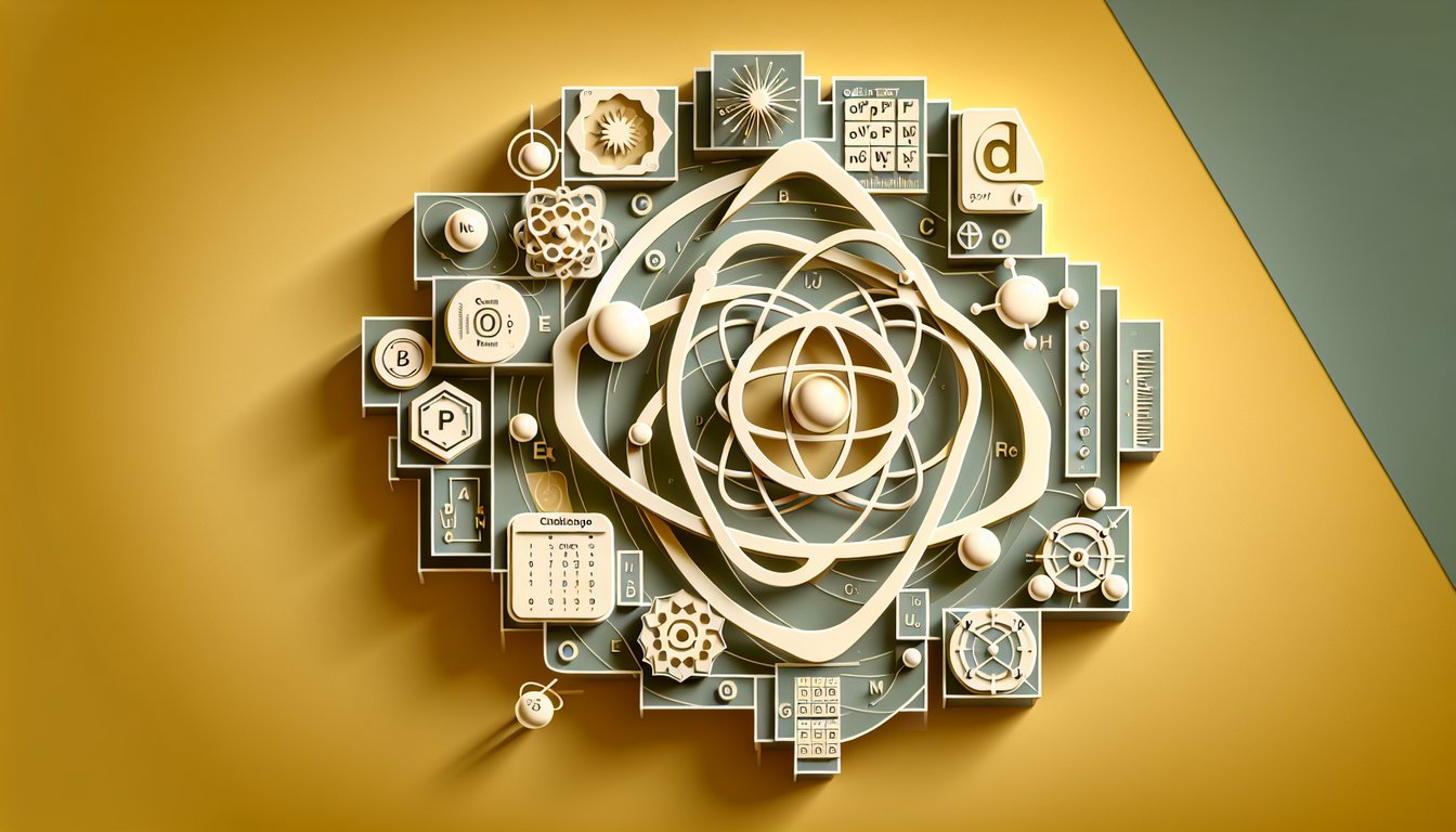 Paper art atoms periodic table icons on yellow background for atomic radii ionization energy electron configuration quiz