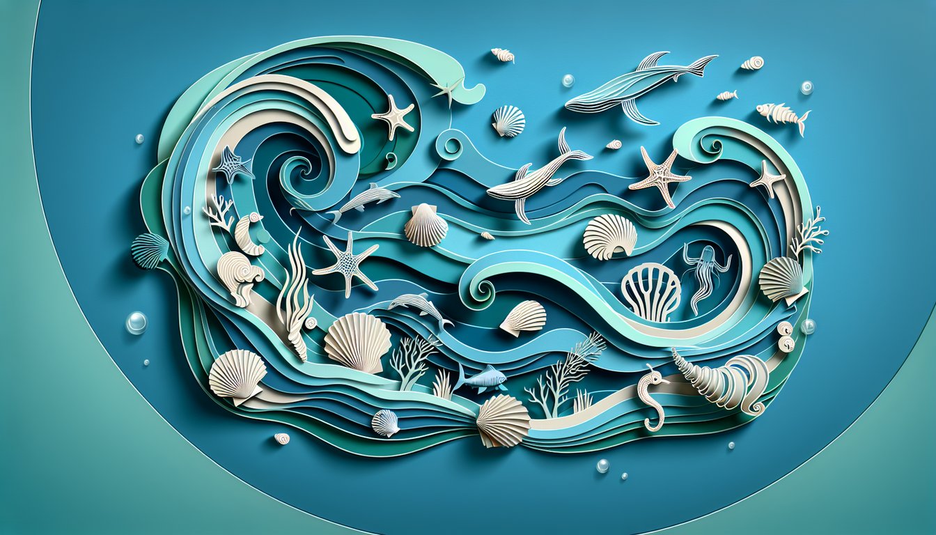 Paper art illustration for ocean trivia quiz on a teal background