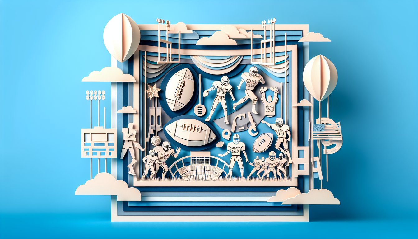 Paper art illustration featuring red and gold 49ers helmet, golden trophies, team banners on sky blue background.