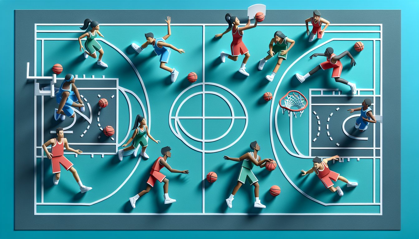 Paper art quiz illustration on teal background about discovering ideal basketball position