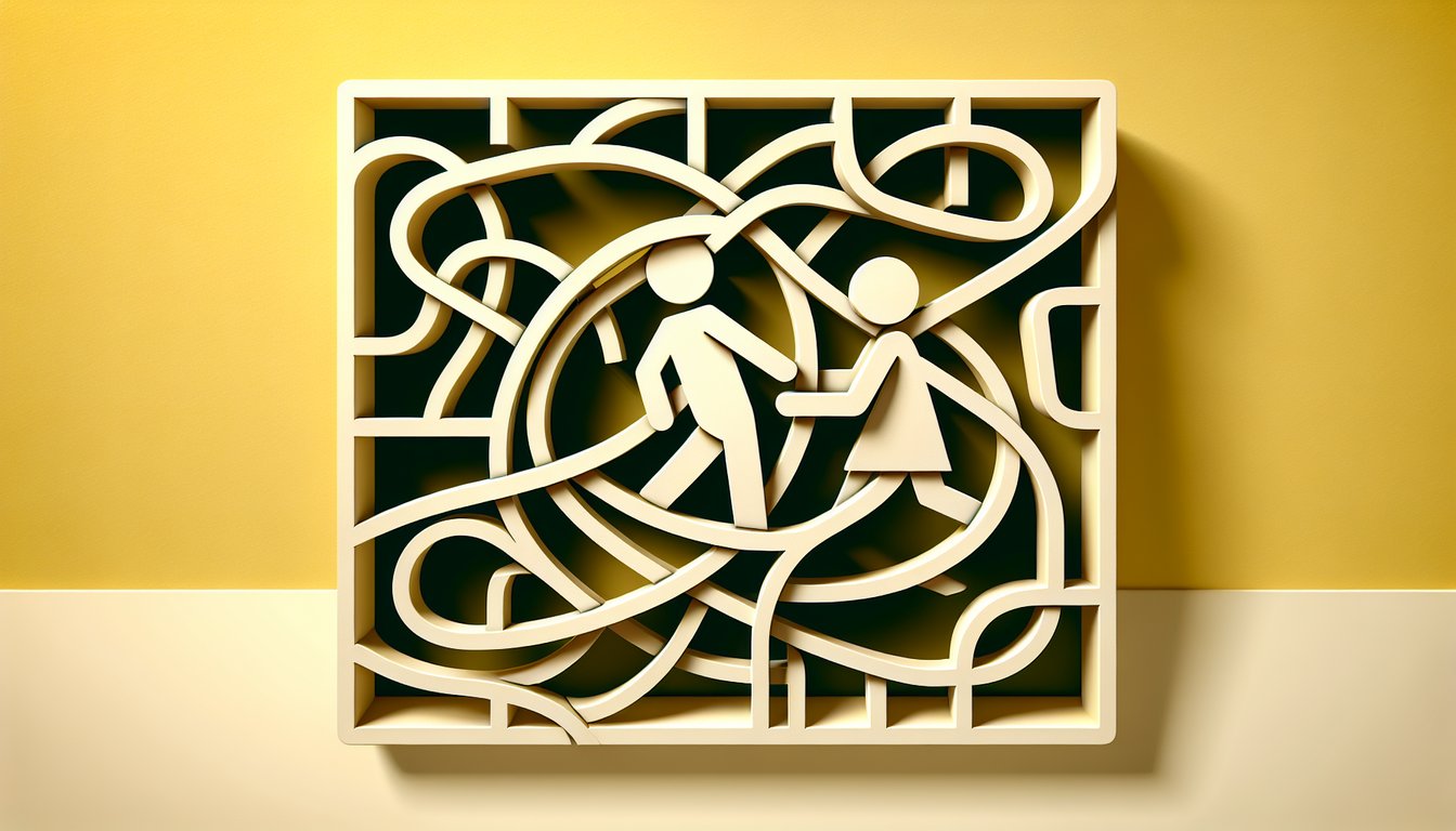 Paper art illustration for relationship quiz on golden yellow background