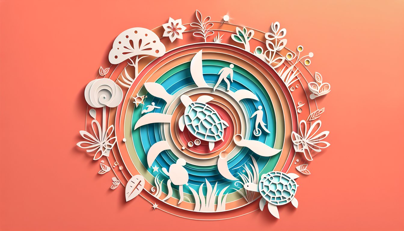Paper art of four TMNT silhouettes and personality quiz prompt on coral background