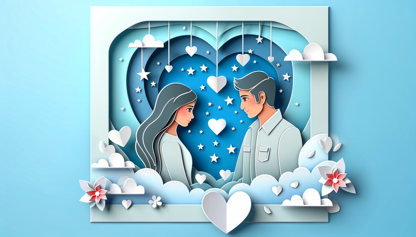Paper art illustration for quiz about discovering who adores you the most on a sky blue background