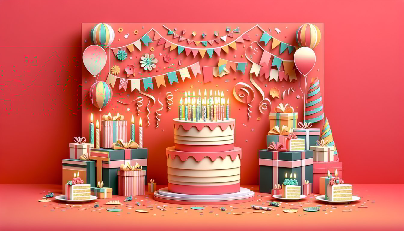 Paper art illustration for a celebrity birthday twin quiz on a coral background
