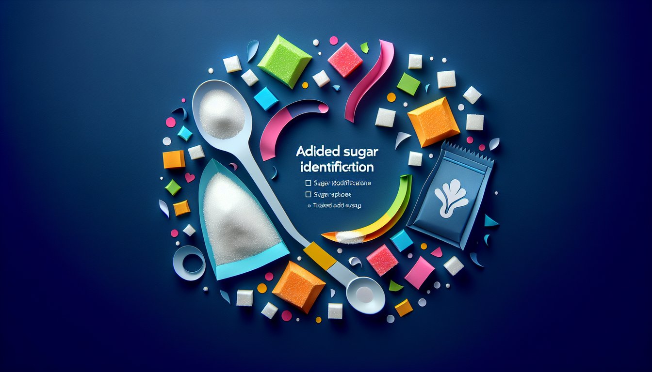 Colorful paper art promoting a fun quiz on identifying added sugars in food.