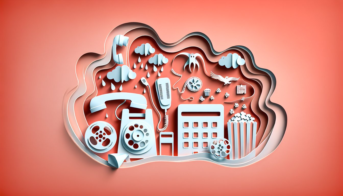 Paper art illustration of ghost face mask, quiz cards, movie reel on coral background for scream trivia challenge