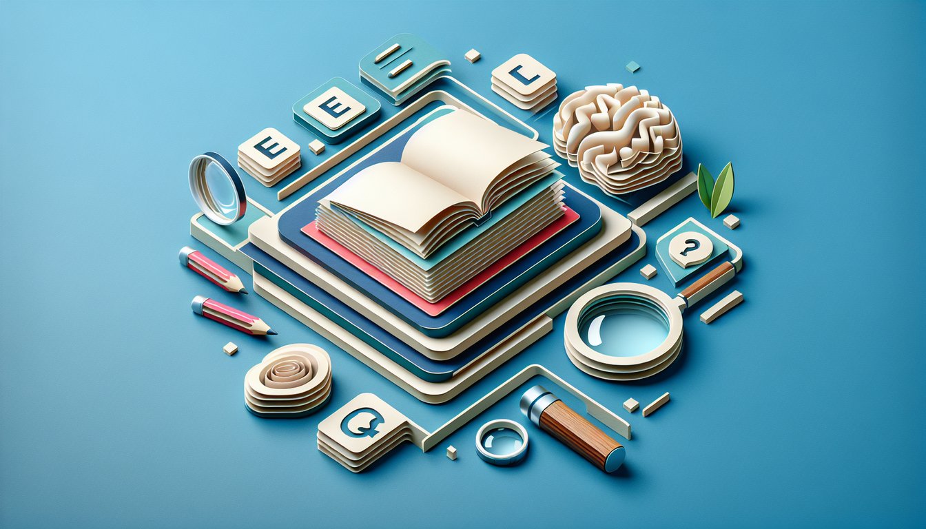 Paper art quiz scene with grammar books letters question marks pencil on sky blue background