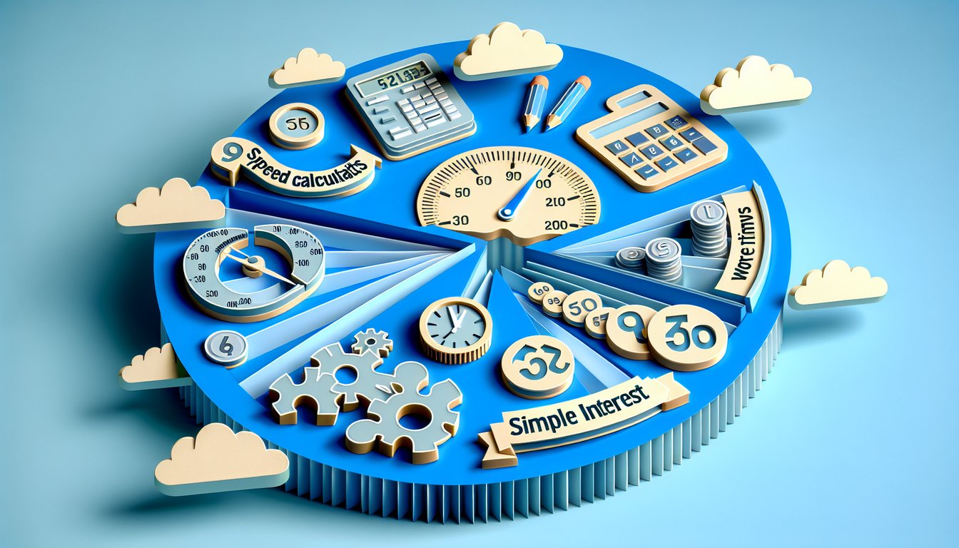Paper art on blue background calculator clock gears puzzle speed calculations simple interest work time arrangements