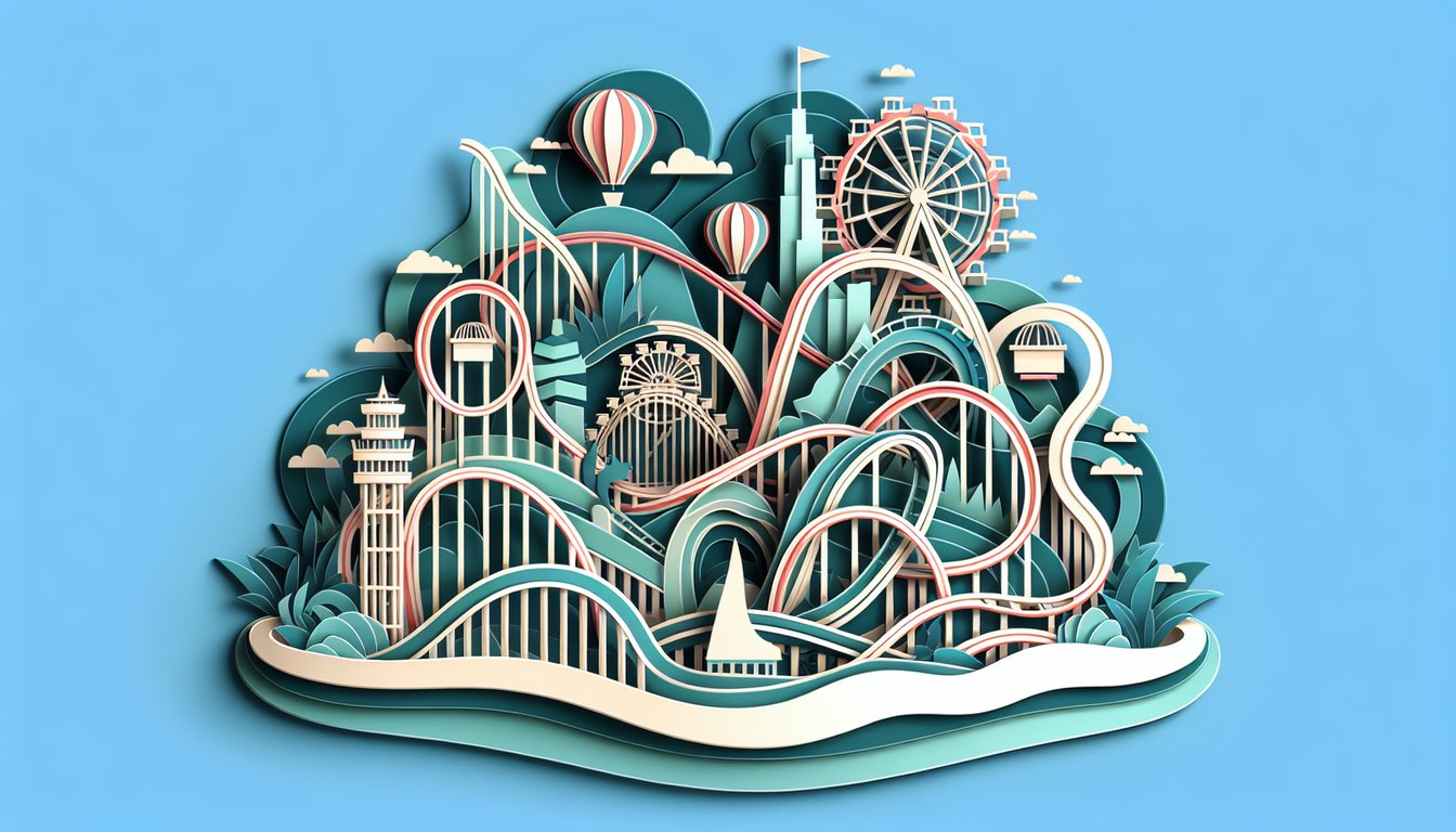 Paper art illustration for Cedar Point roller coaster personality quiz on teal background