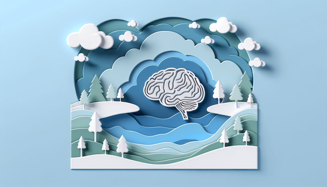 Paper art characters around large cutout question mark on sky blue background anxiety quiz theme
