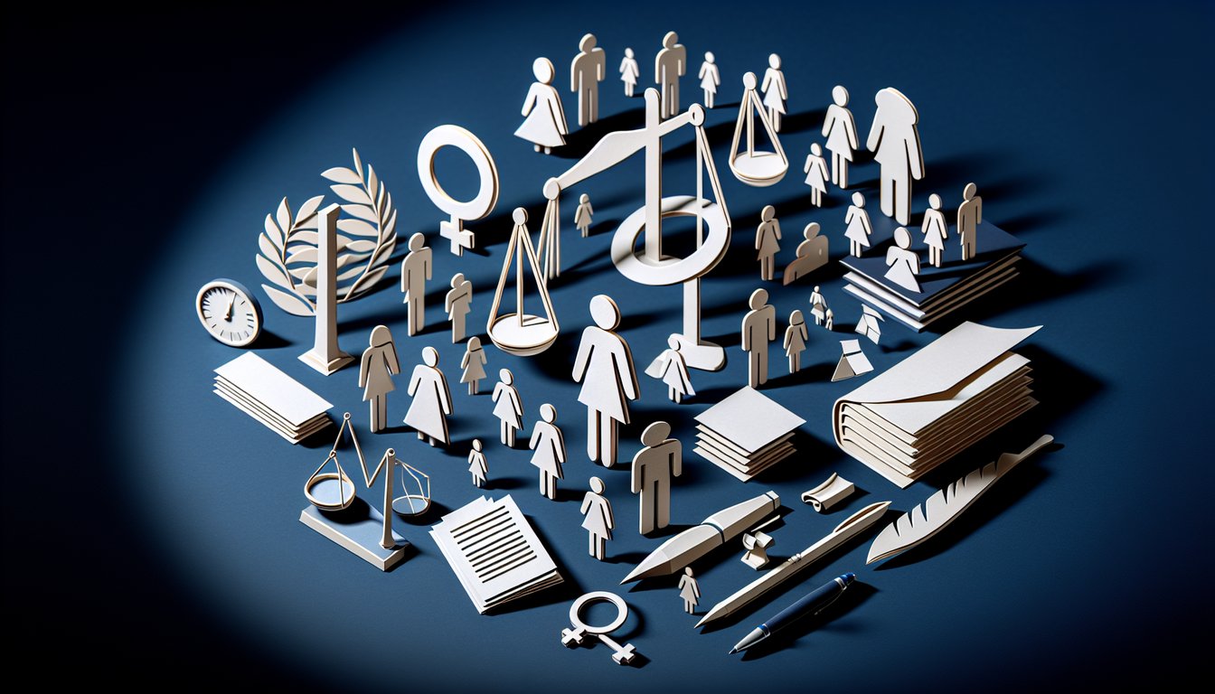 Paper art collage of diverse faces and question icons surrounding feminist quiz title on dark blue background