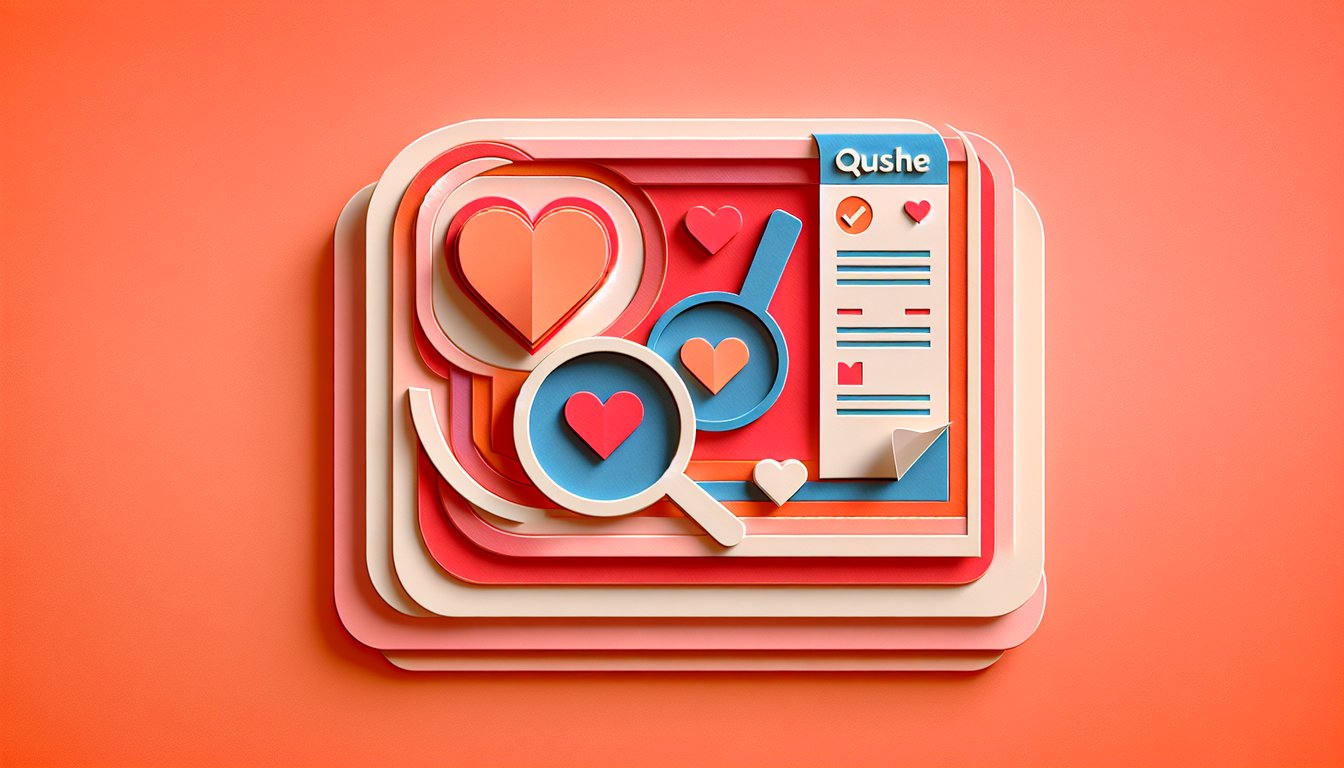 Paper art illustration of quiz prompt with hearts arrows question marks and silhouettes on coral background