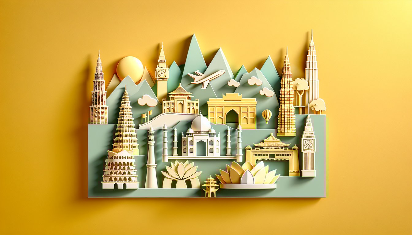 Paper art map of Asia with capital city markers and quiz title on golden yellow background
