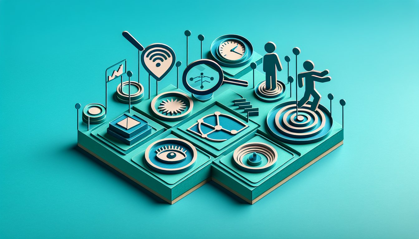 Paper cutout teen among thought icons magnifying glass stopwatch for focus impulsivity ADHD quiz on teal background