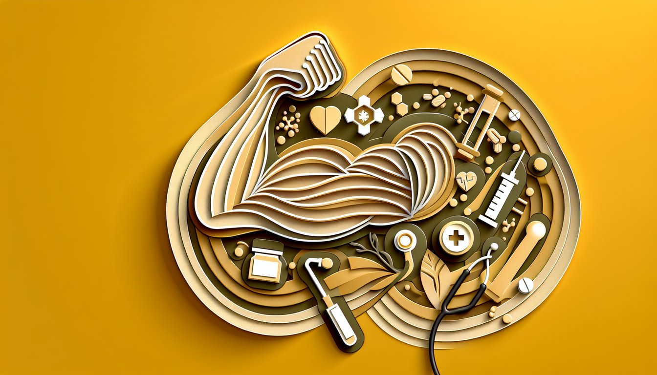Paper art illustration of medical terminology quiz on meaning of suffix -trophy in hypertrophy on golden yellow background