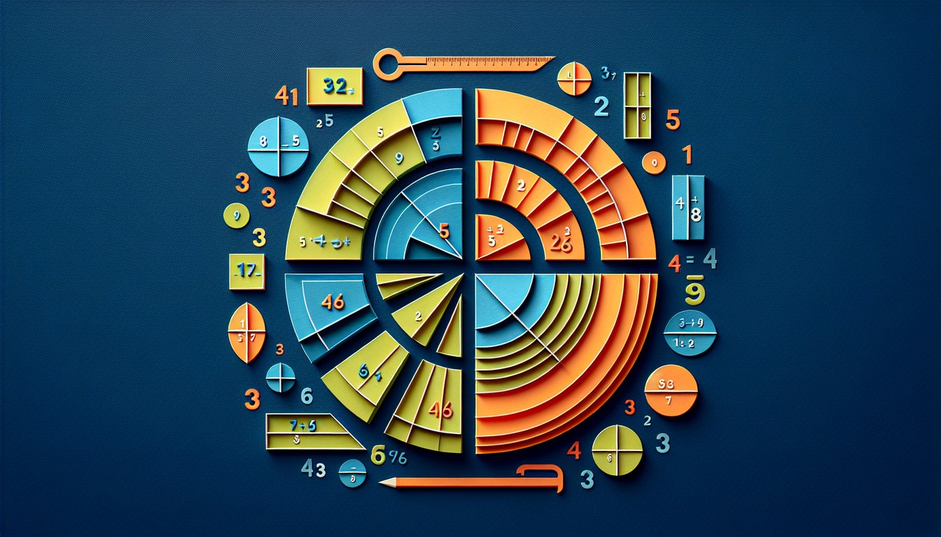 Colorful paper art promoting a Divide  Compare Fractions quiz for middle school students.