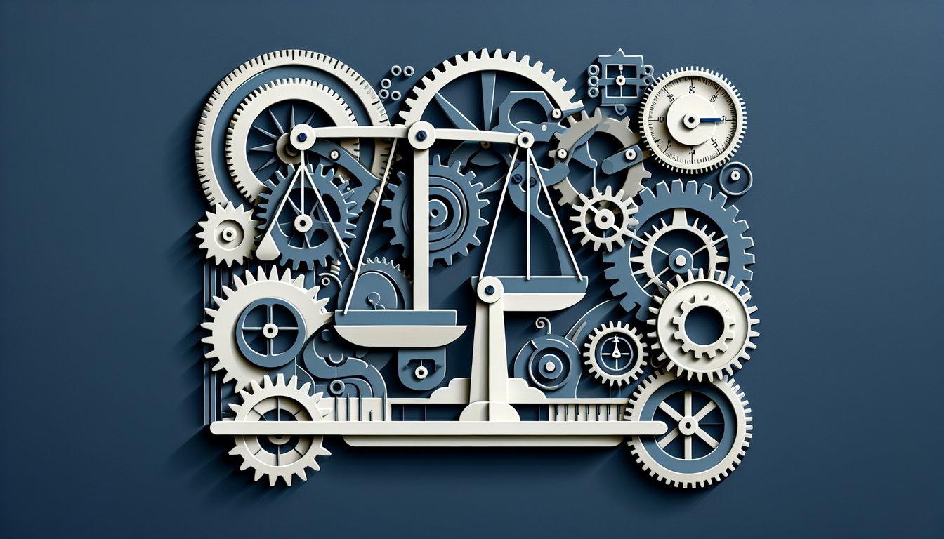 Paper art gears levers pulleys on dark blue background promoting free mechanical advantage quiz on units and calculations.