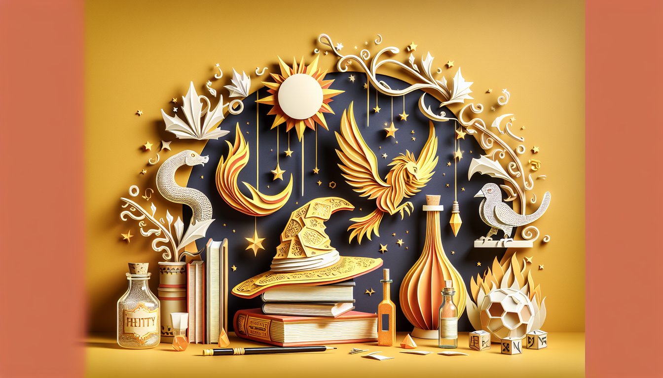 Paper art style wizard hat wand open book on golden yellow background inviting Hogwarts Legacy character personality quiz