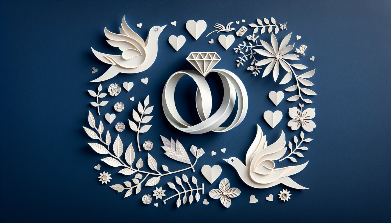 Colorful paper art depicting a trivia quiz about couple engagement facts