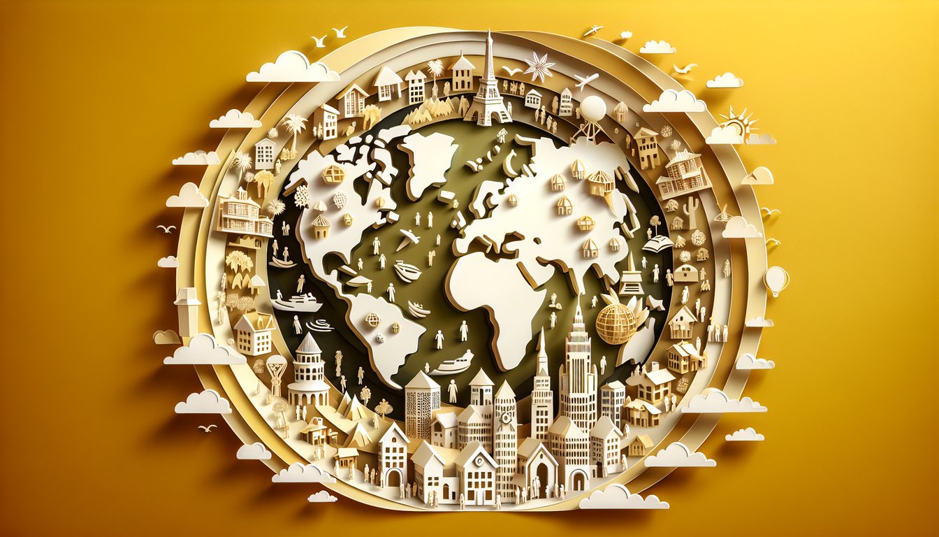 Paper art showing cutout people icons connected by lines over world map on golden yellow background for population quiz.