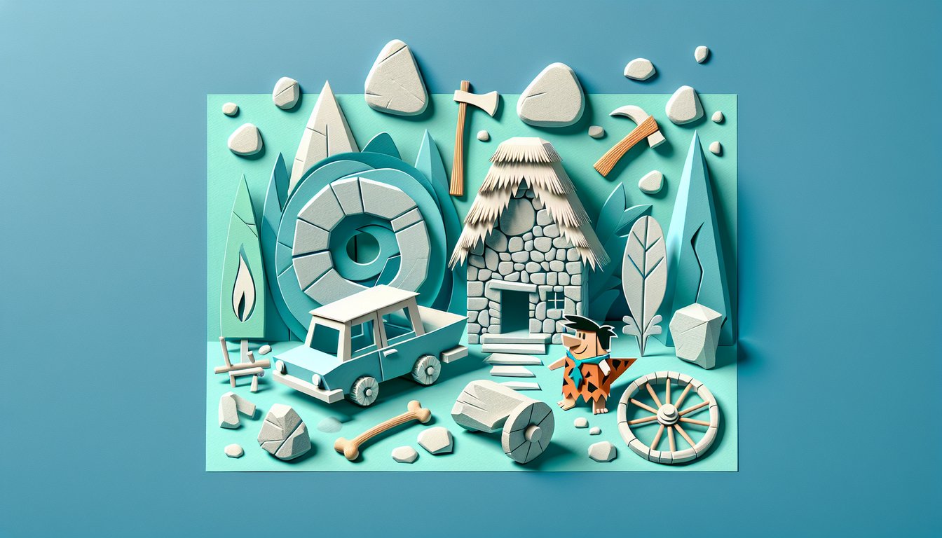 Paper art style Flintstones characters Fred Barney Dino Pebbles with stone car on teal background quiz banner