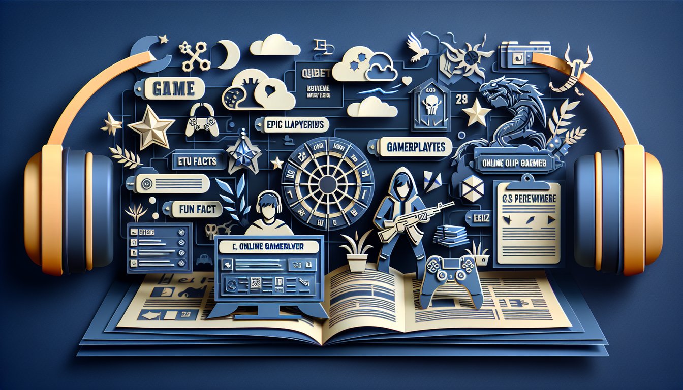 Paper art illustration for Markiplier quiz with game controller icons fun fact icons zodiac symbol on dark blue background.