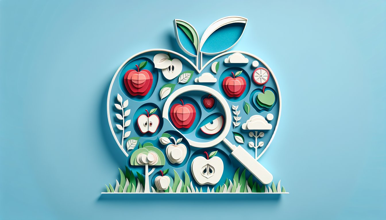 Paper art apples and open book showing apple trivia quiz on sky blue background