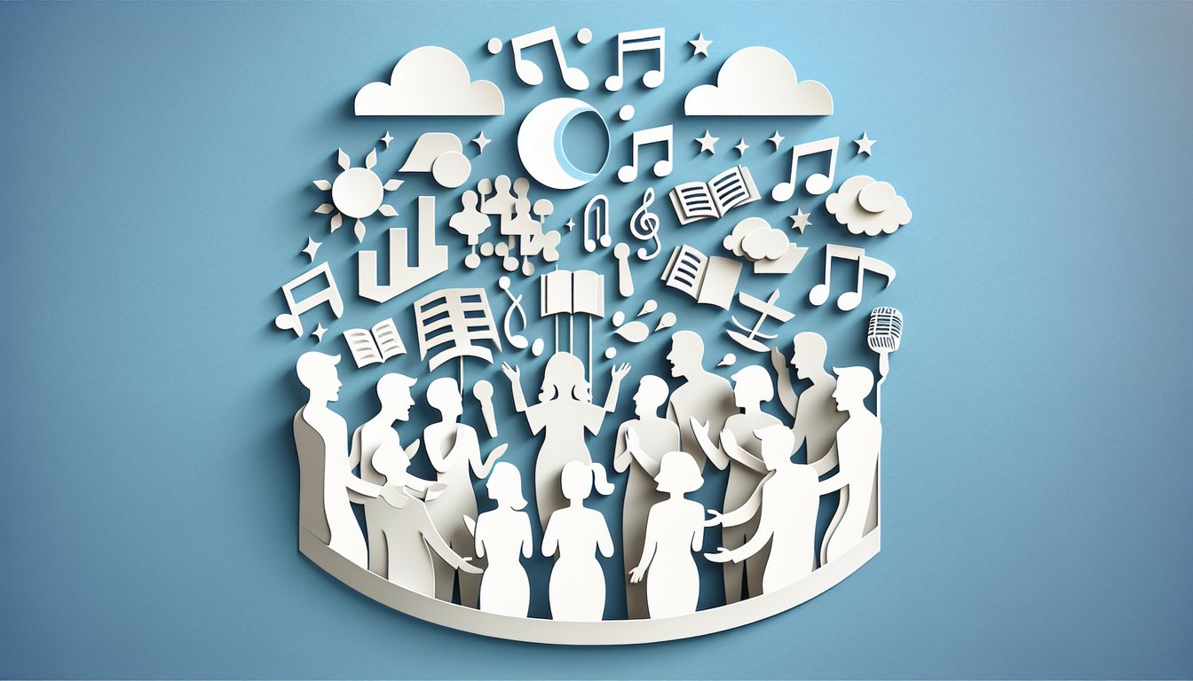 Paper art illustration of singers musical notes and quiz text on sky blue background for Which Barden Bella Are You quiz