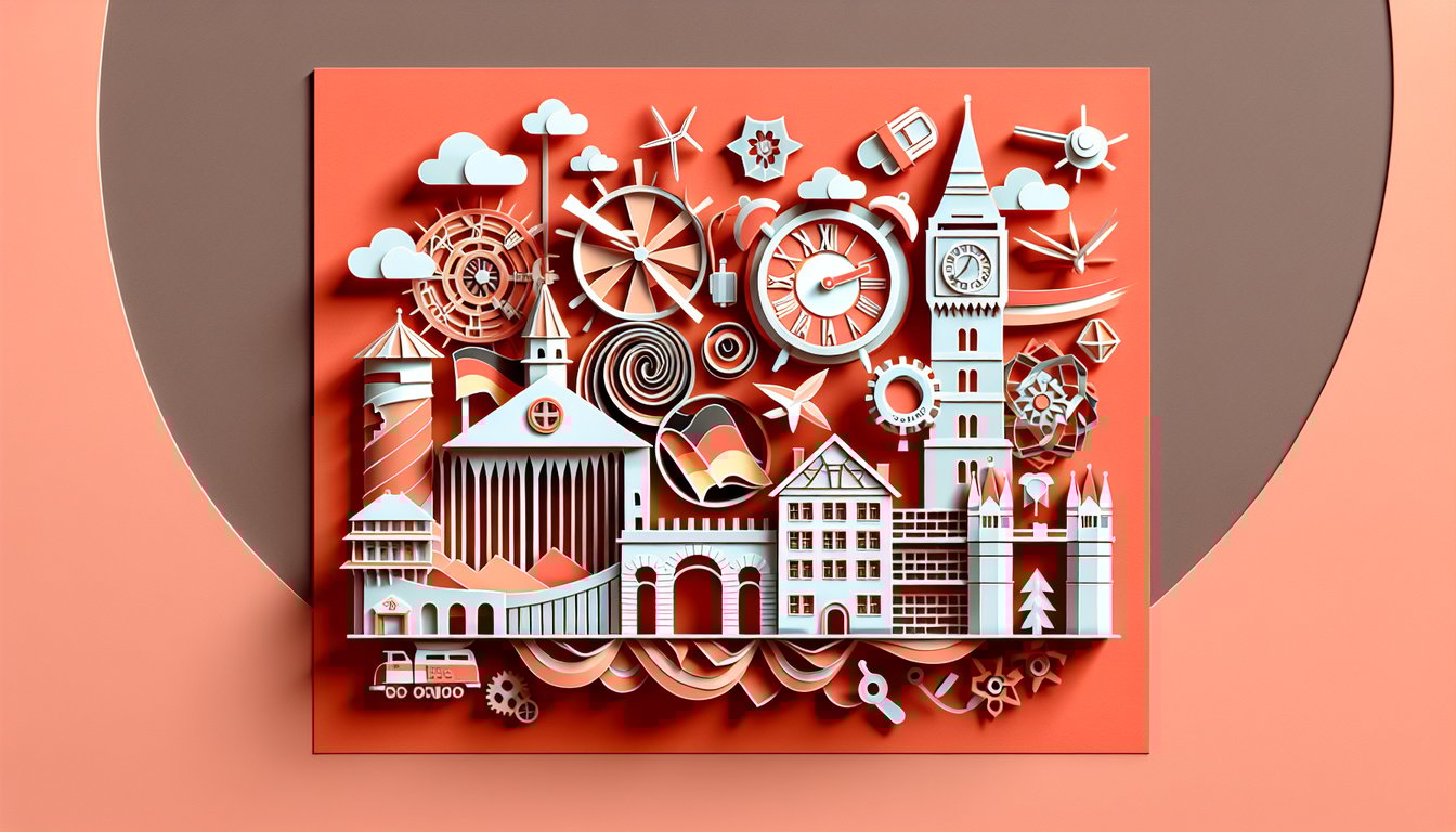 Paper art illustration for a German trivia quiz featuring culture, history, and landmarks on a coral background.