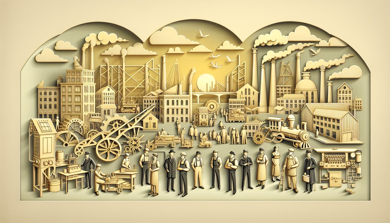 paper cutout scene of steam engine factory workers gears tools books on golden yellow background