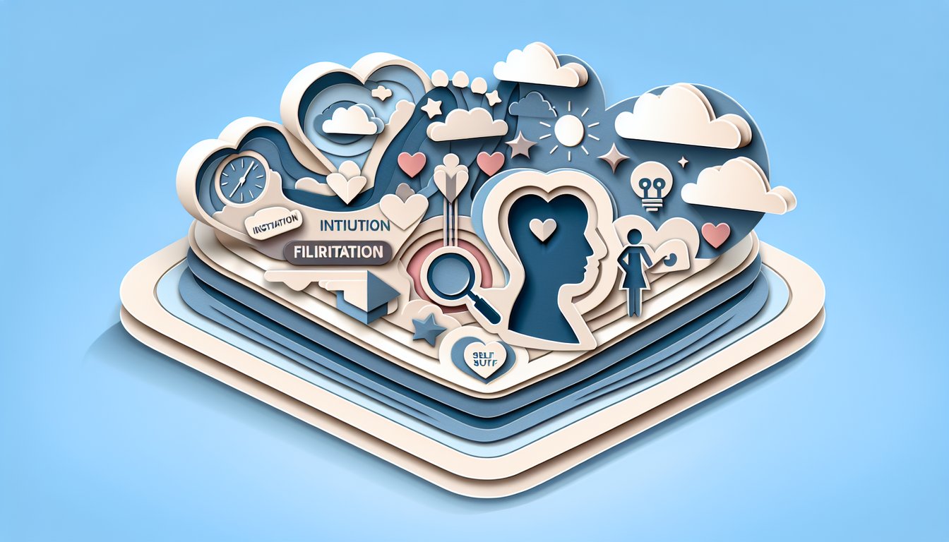 Paper art illustration for a flirting intuition quiz on a sky blue background